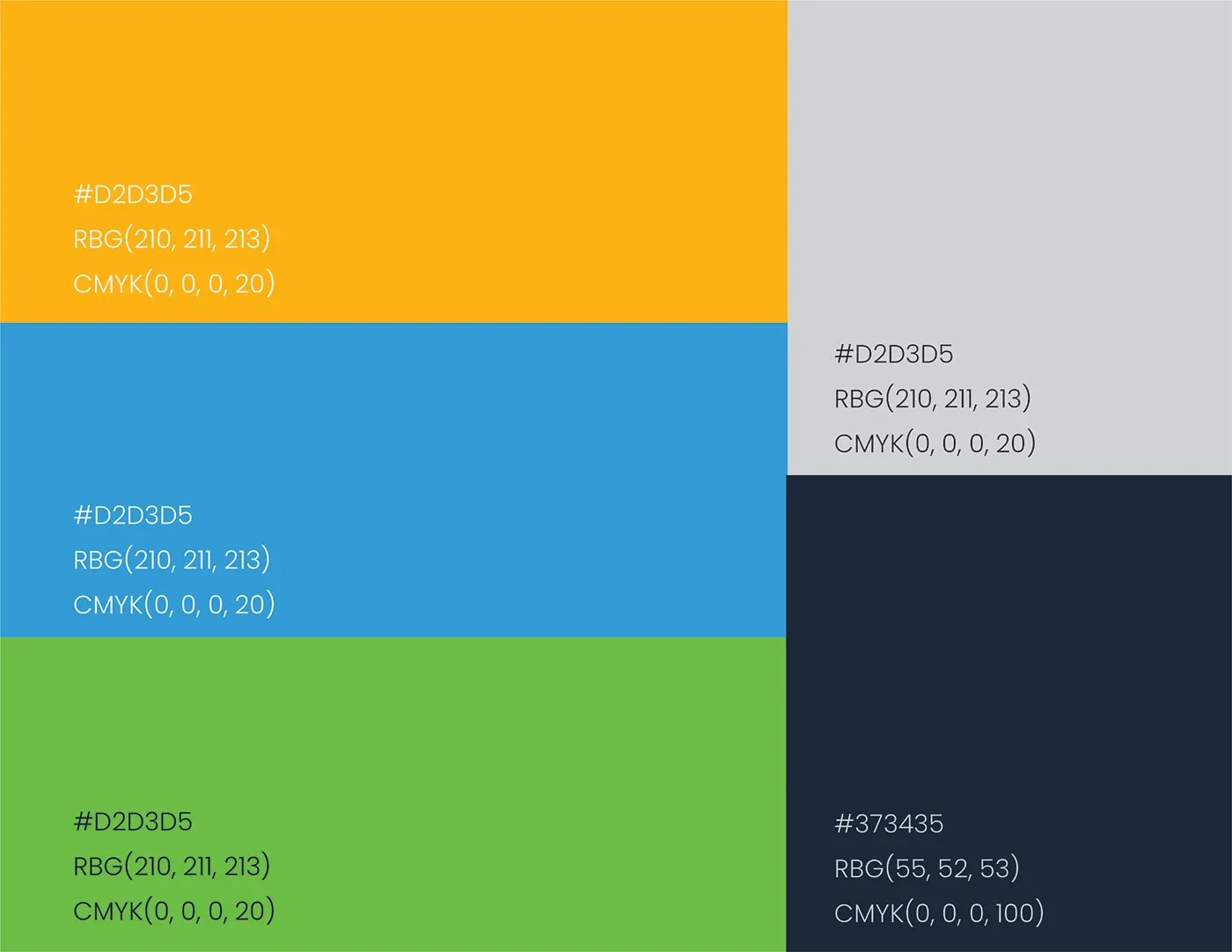 The colour palette in yellow, blue, green and dark navy with hex and CMYK values