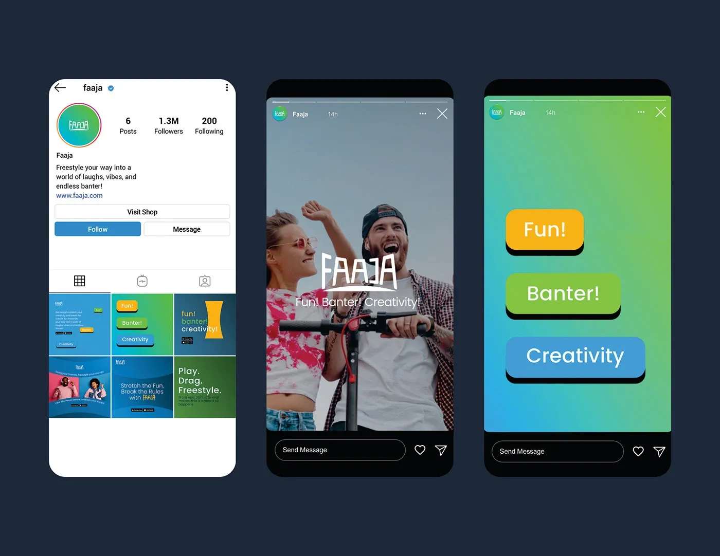 App screens showing the profile, feed and reaction interface