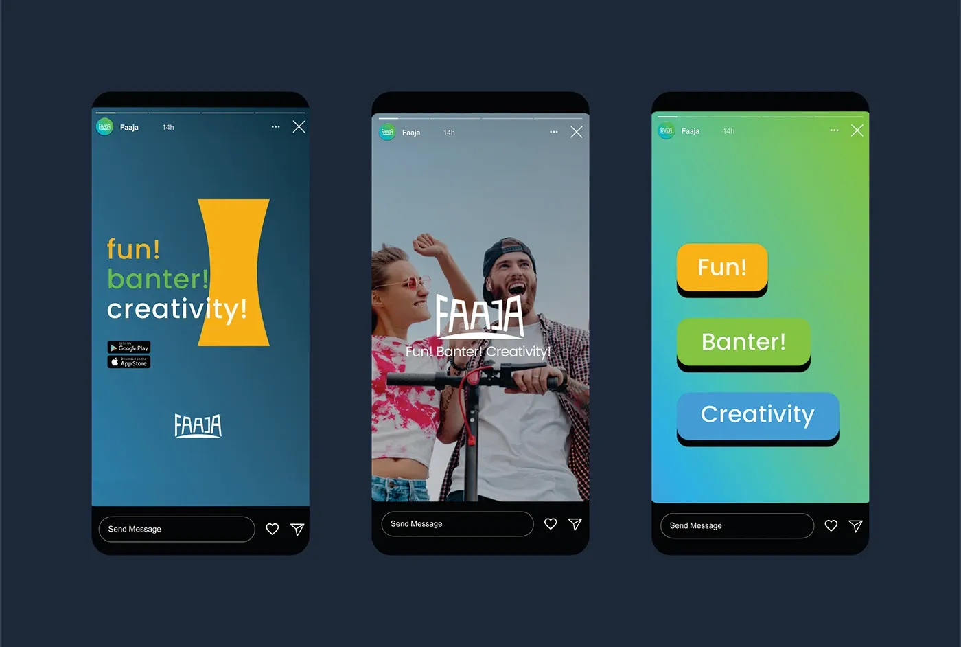 Further app screens showing the onboarding and messaging views