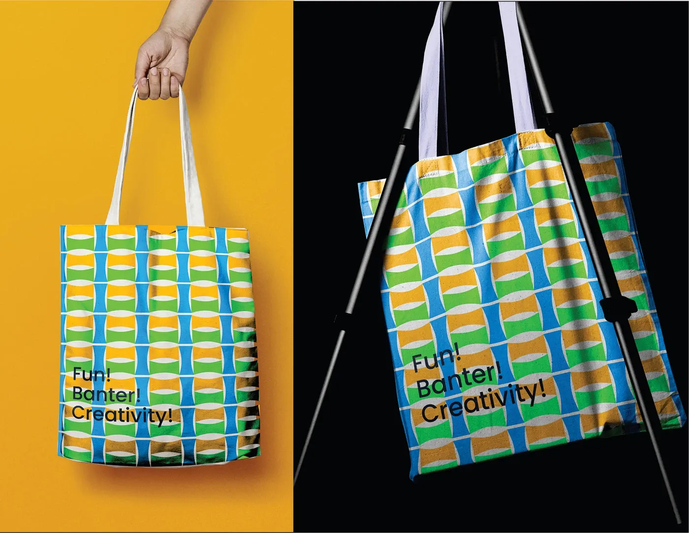 Two tote bags in the woven brand pattern