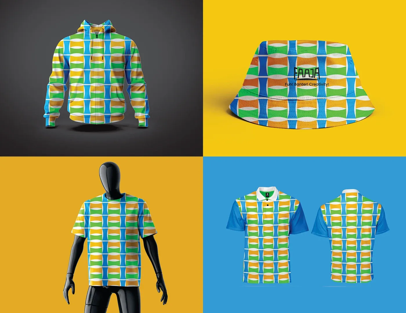 Apparel in the brand pattern, shirts and a hoodie
