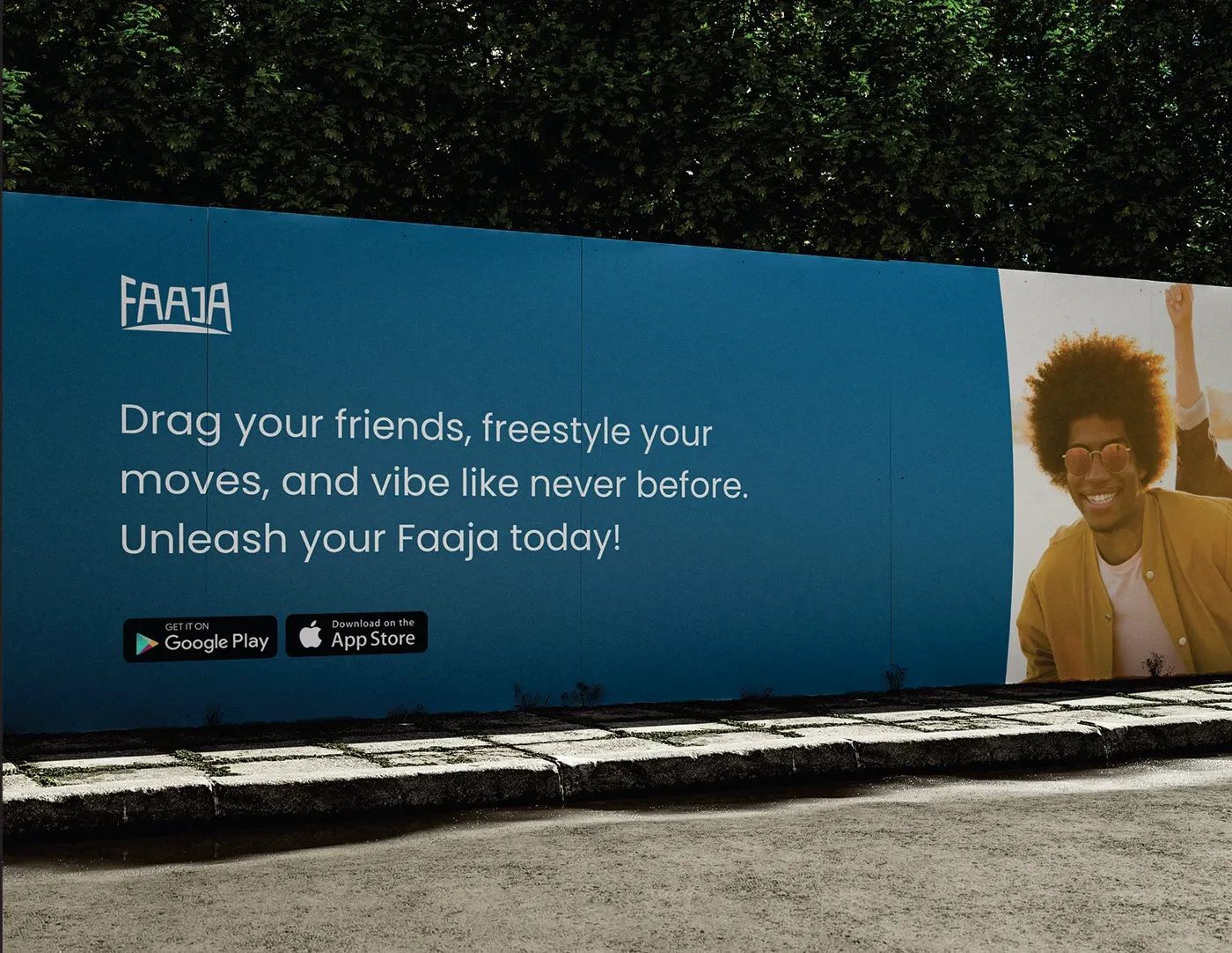A roadside billboard with the app store badges