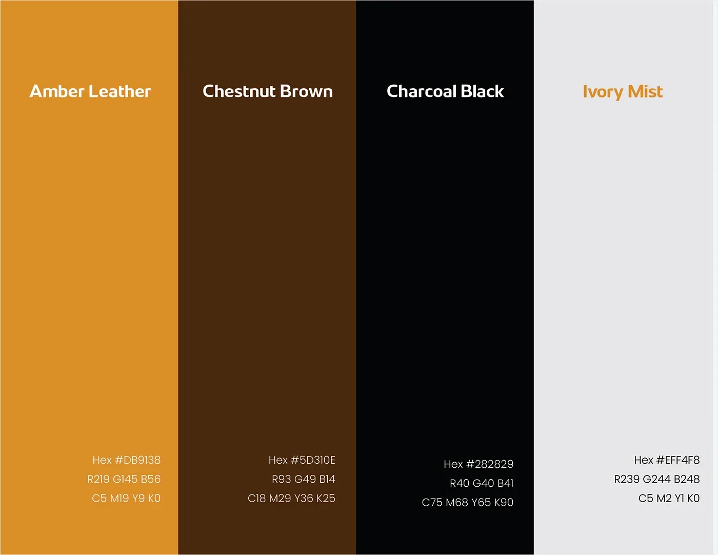 The palette, Amber Leather, Chestnut Brown, Charcoal Black and Ivory Mist with hex values