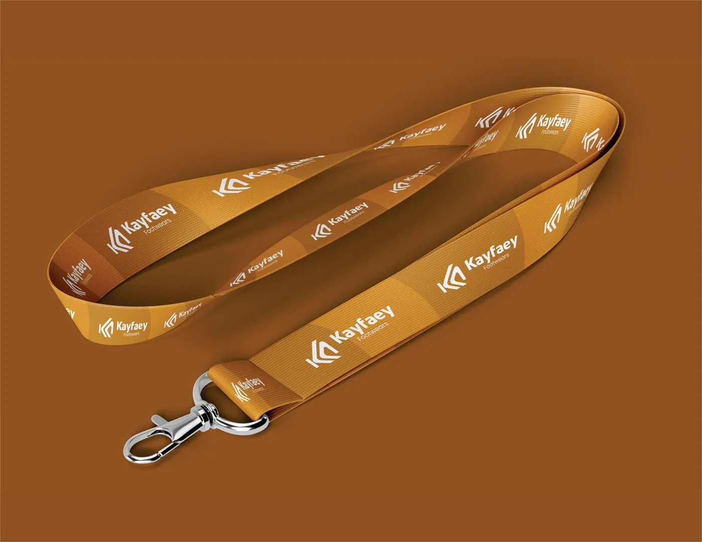 A branded lanyard coiled on a brown surface
