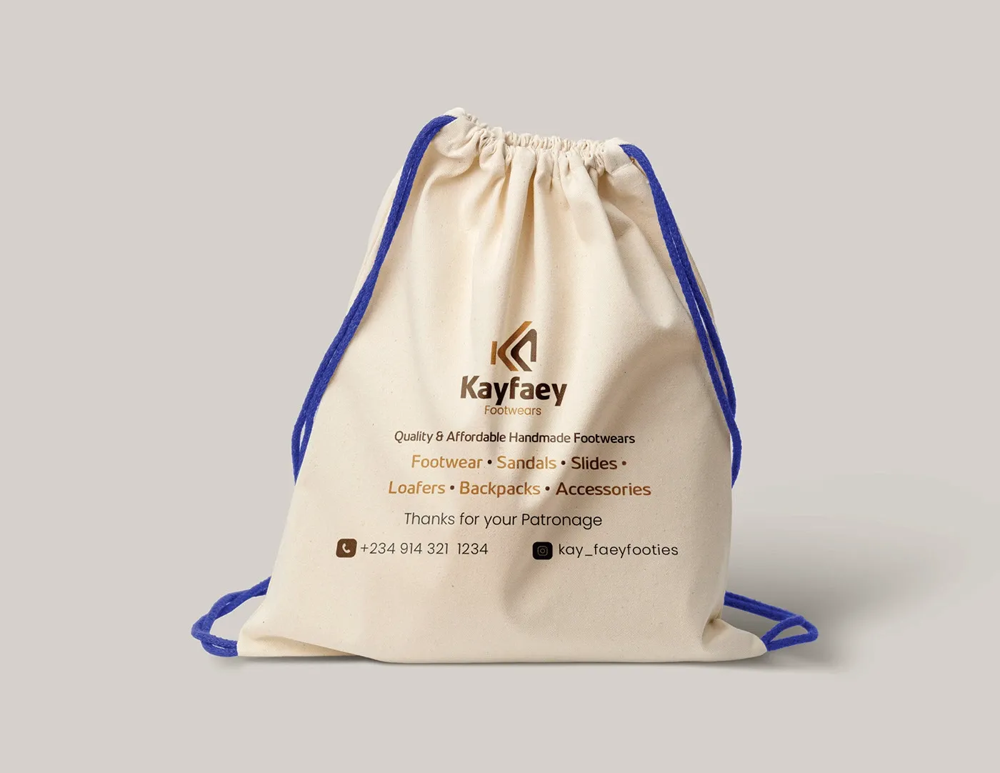 A canvas drawstring bag printed with the brand details