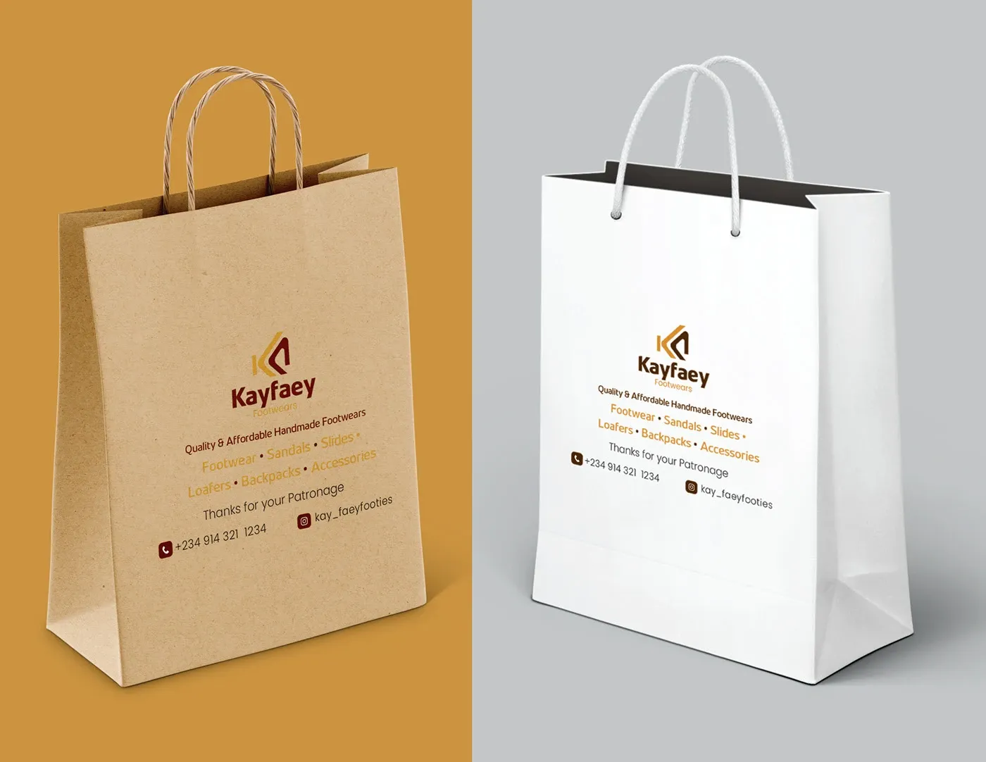 Kraft and white shopping bags with the Kayfaey mark