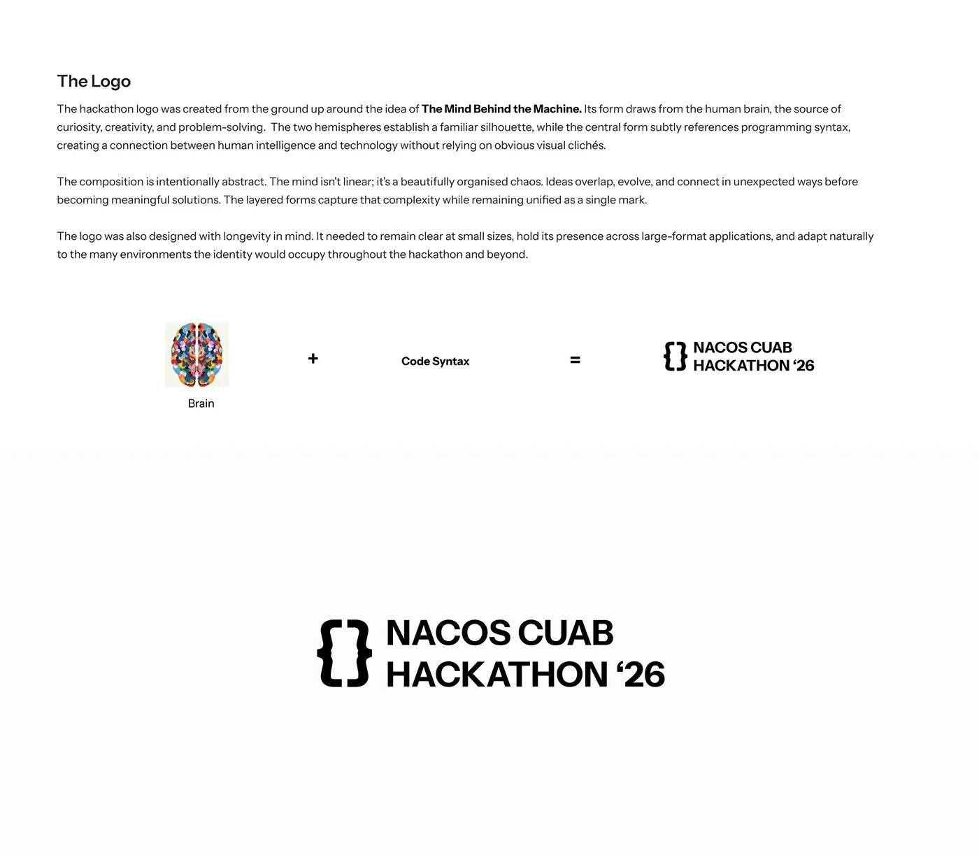 The logo construction, combining the department mark with a curly brace to form the hackathon lockup