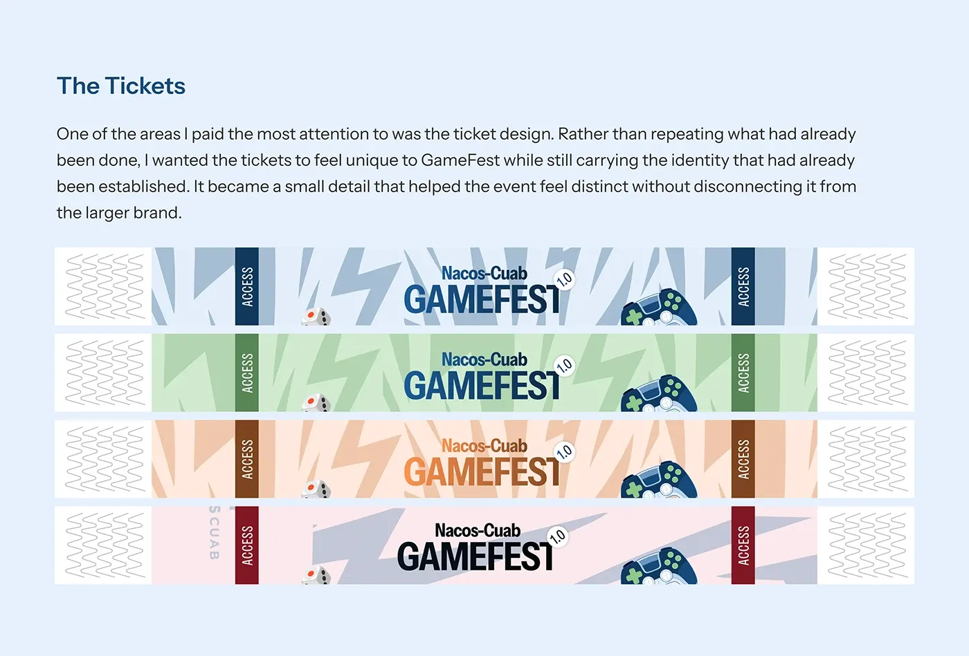 GameFest ticket designs in four colourways with perforated stubs