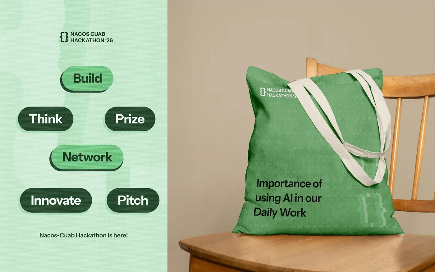 A tote bag alongside the Build, Think, Prize, Network, Innovate and Pitch word marks