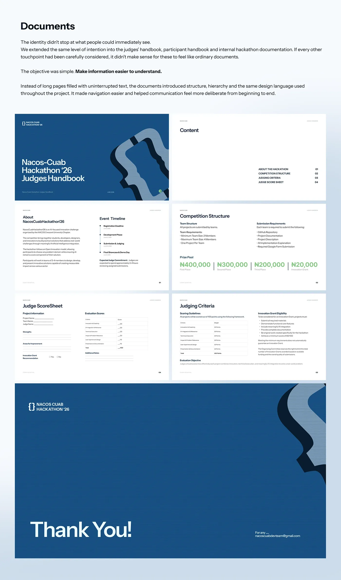The judges handbook and event documentation, cover and inner spreads