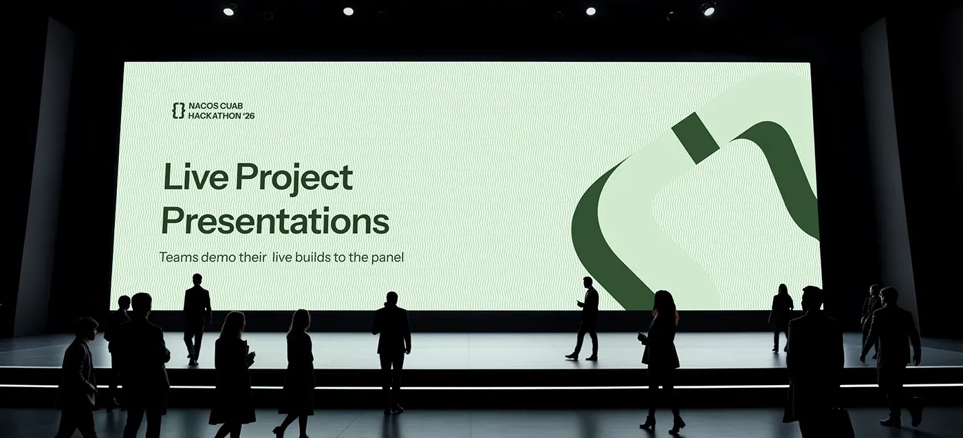 Live project presentations, teams demoing their builds to the panel