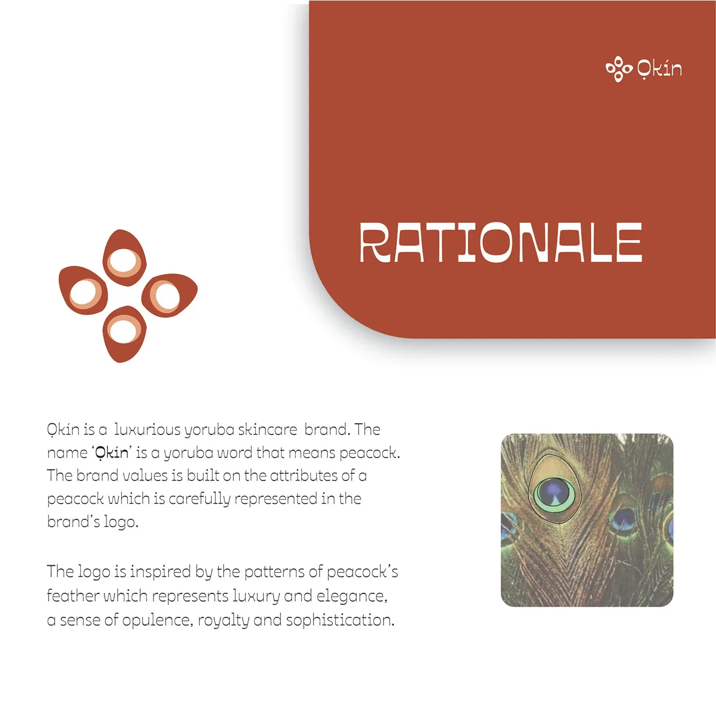The rationale spread, showing the four-petal mark beside a peacock feather