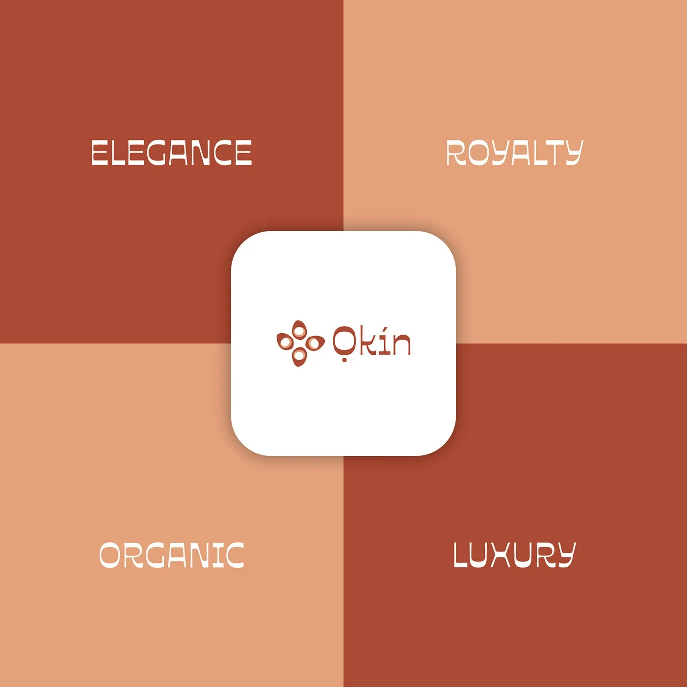 A four-quadrant grid reading Elegance, Royalty, Organic and Luxury around the app icon