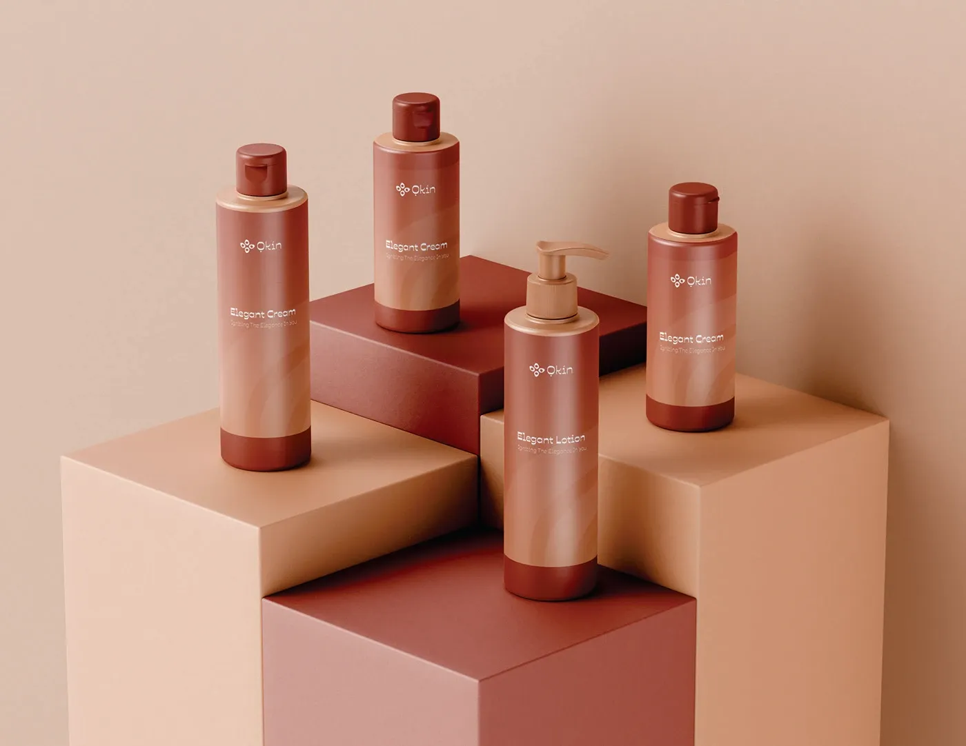 Product bottles arranged on terracotta plinths at three heights