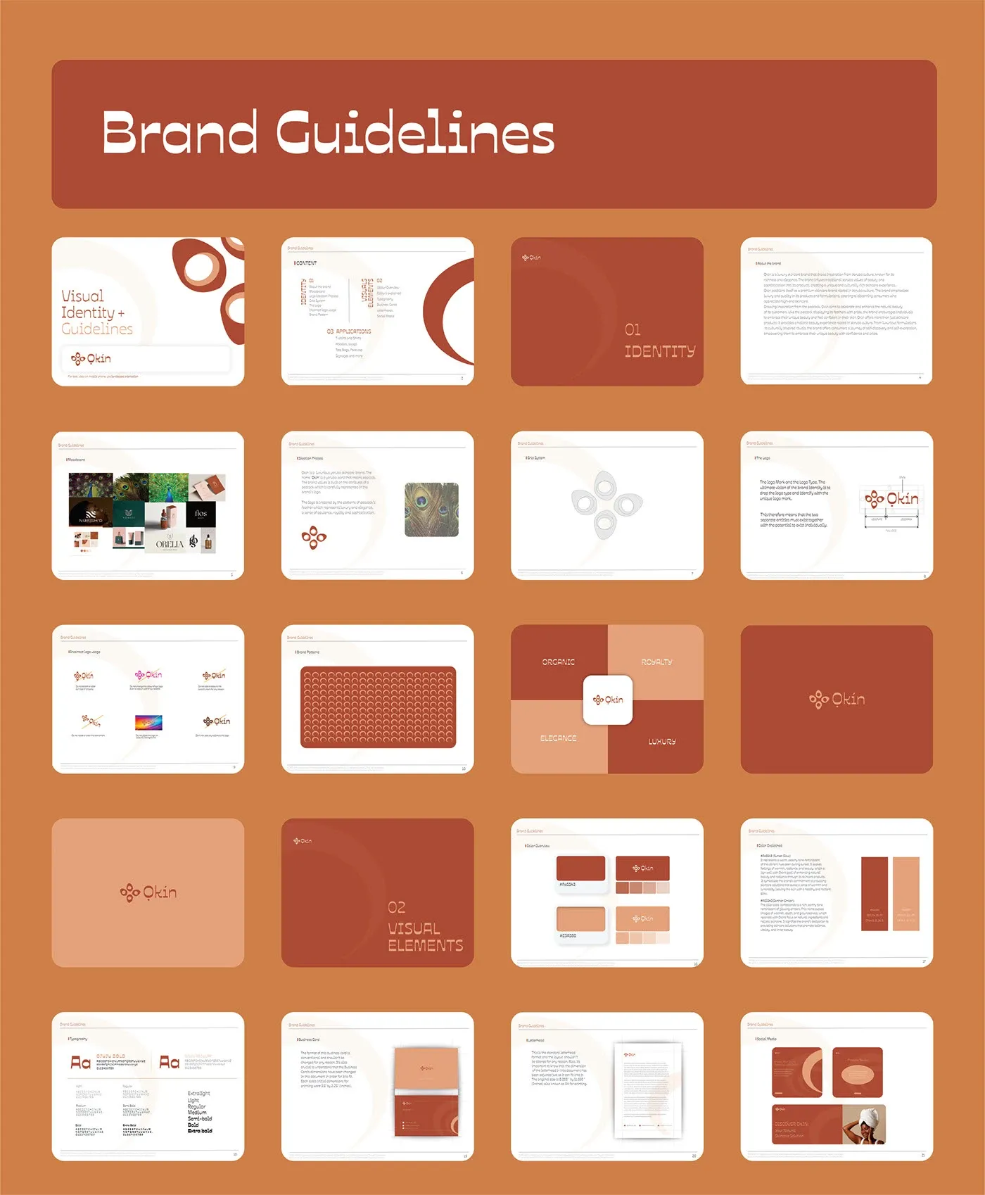 The full brand guidelines poster showing every page of the system at a glance