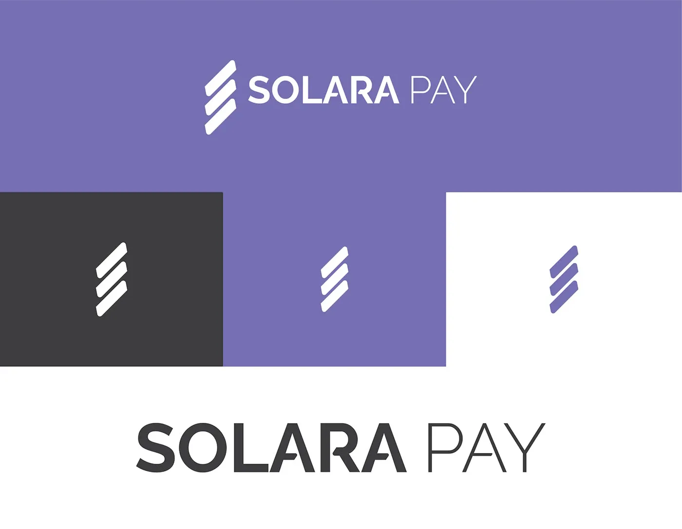 The Solara Pay lockup shown on purple, charcoal and white