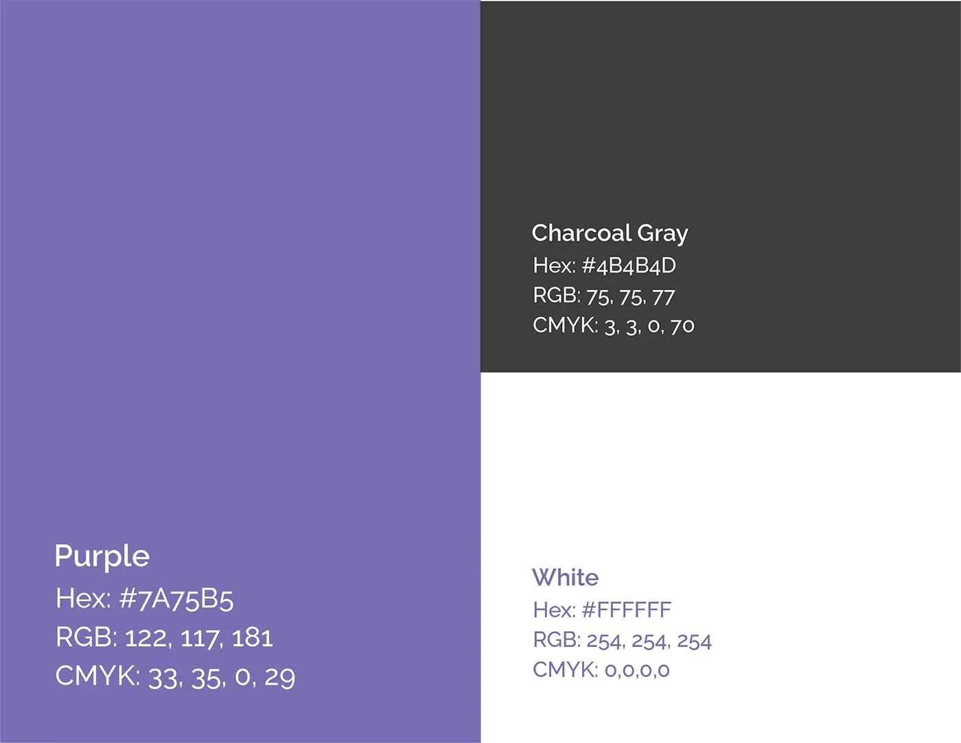 The palette, purple 7A75B5 with charcoal grey and white, with RGB and CMYK values