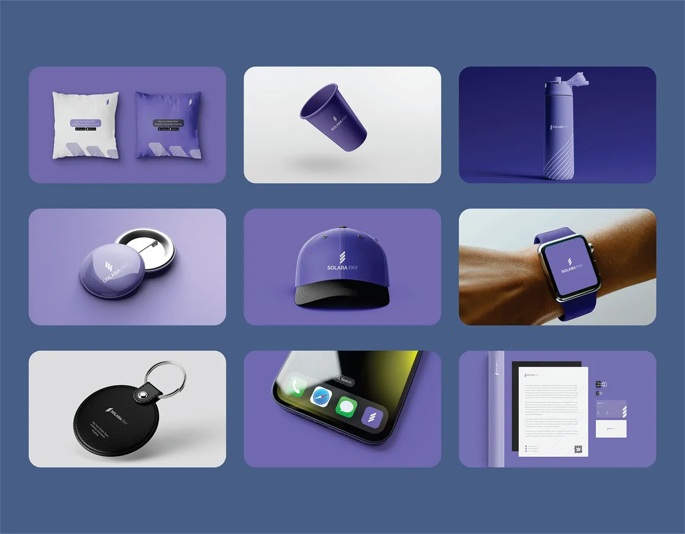 Merchandise grid including a cap, keyring, bottle, watch face and smart tag
