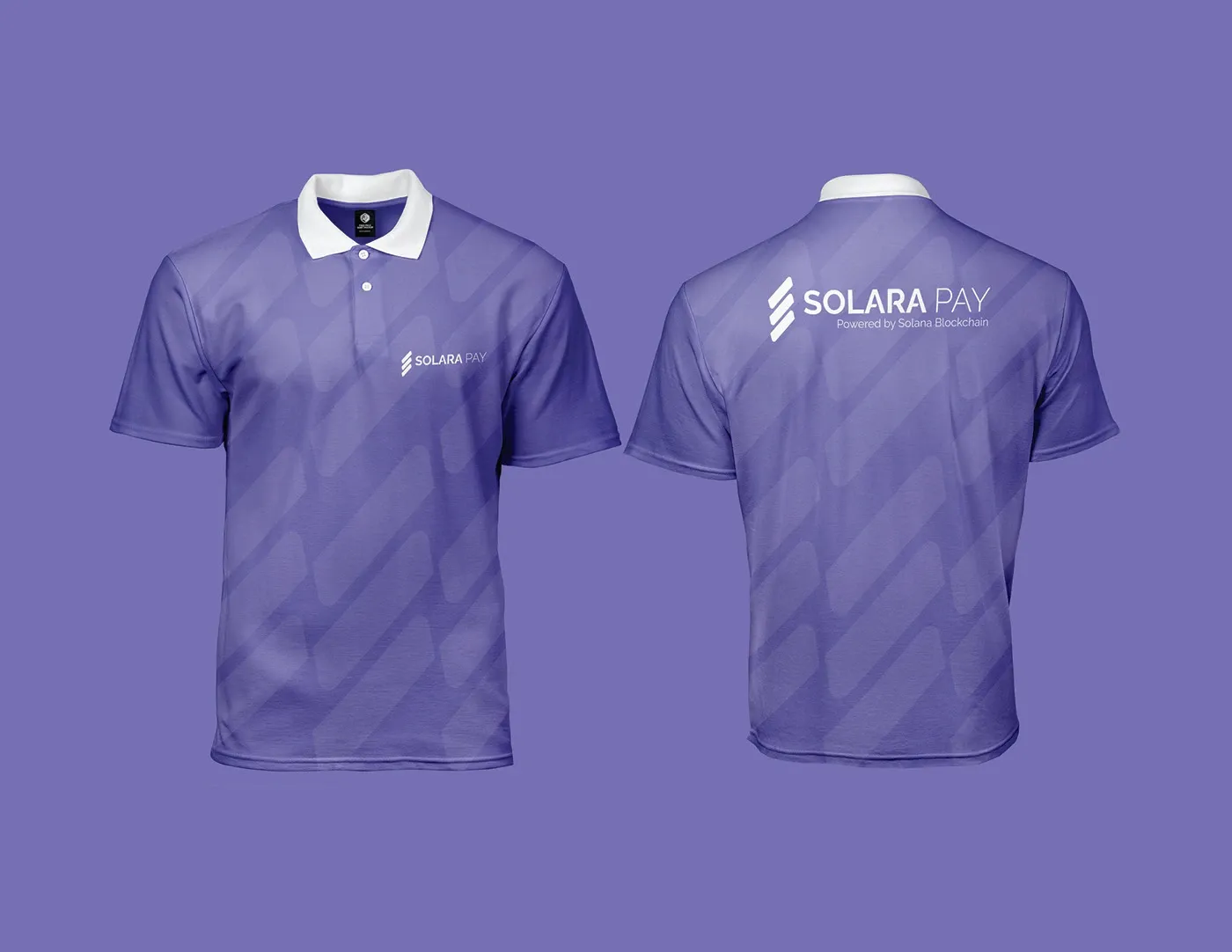 Branded polo shirts shown front and back