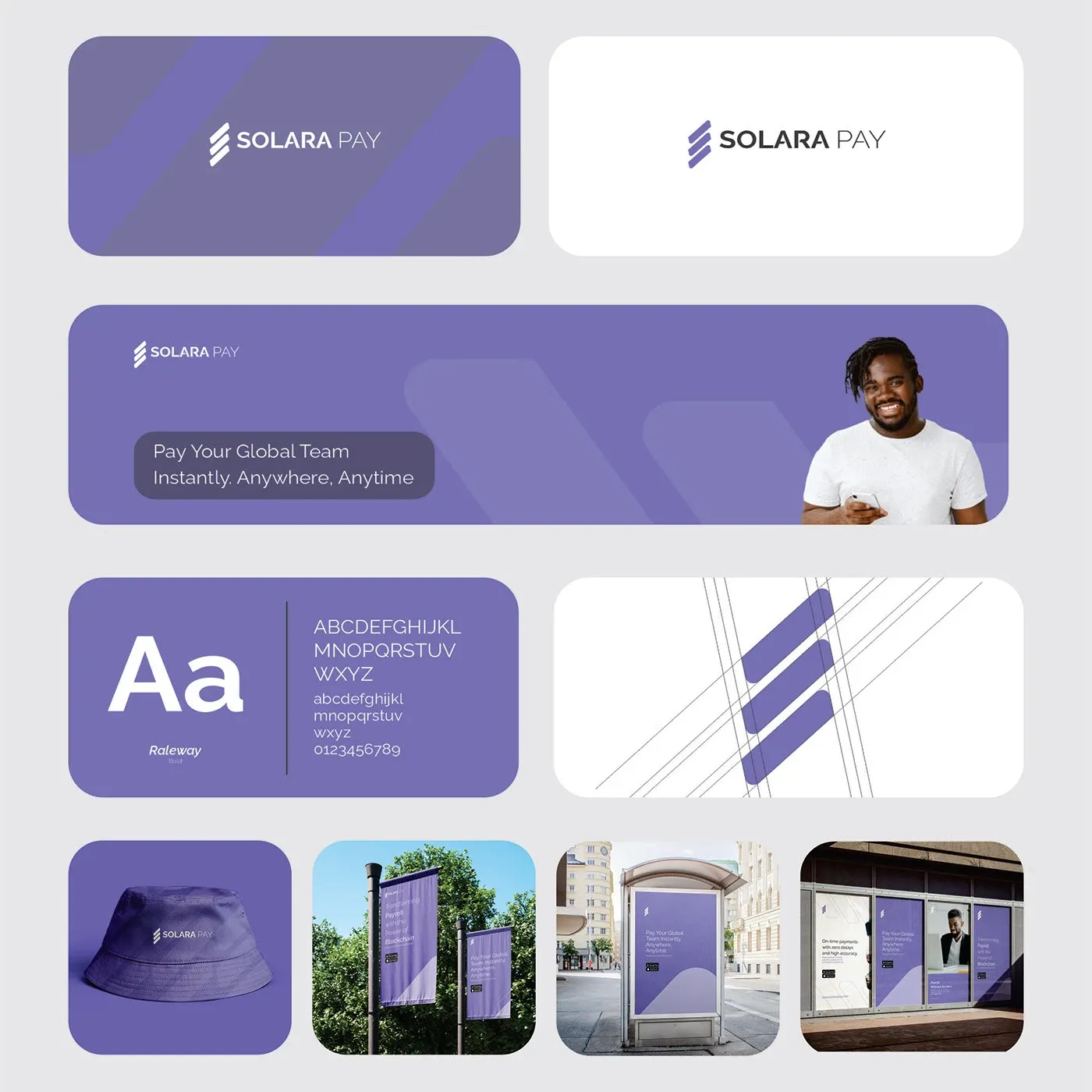The full brand board, showing logo, palette, type, photography and applications together